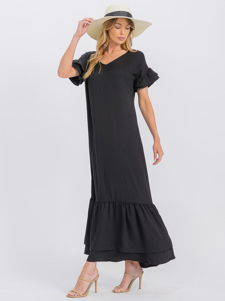 WOMEN'S SHORT SLEEVE V-NECK RUFFLE BOTTOM HEM LOOSE FIT MAXI DRESS