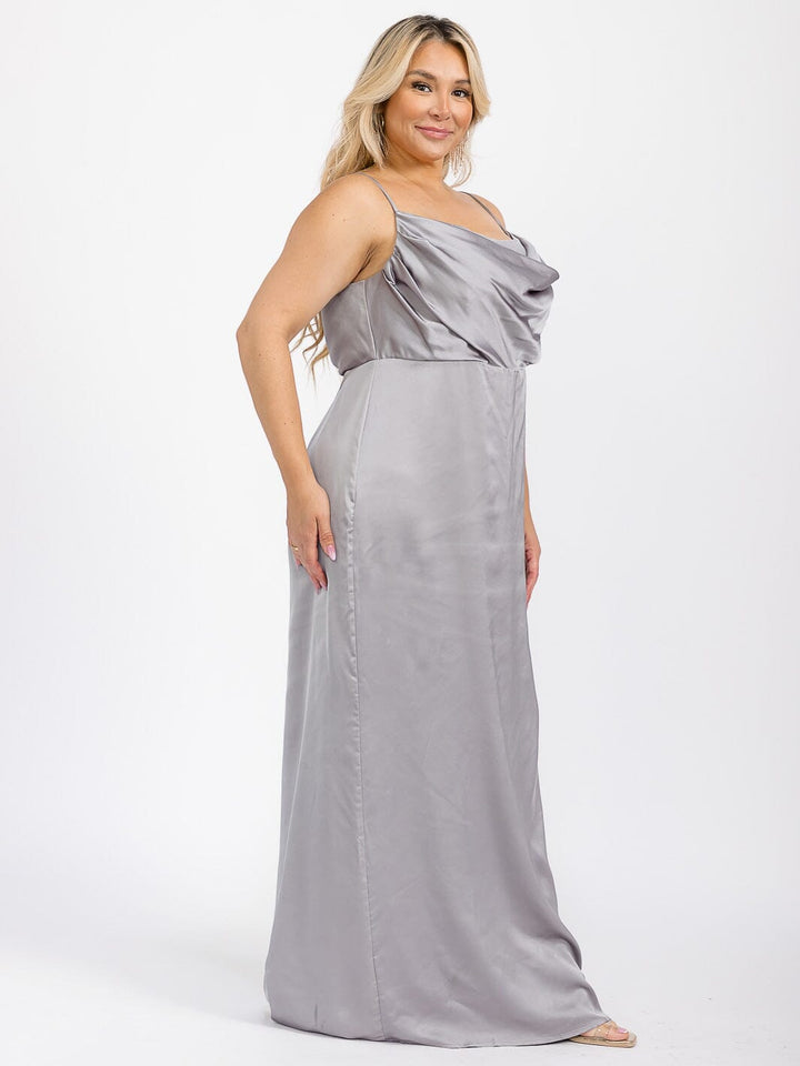 PUS SIZE SLEEVELESS COWL NECK SIDE SLIT MAXI GOWN DRESS