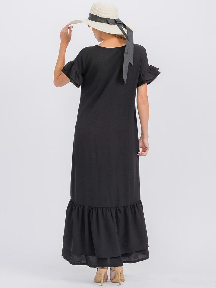 WOMEN'S SHORT SLEEVE V-NECK RUFFLE BOTTOM HEM LOOSE FIT MAXI DRESS