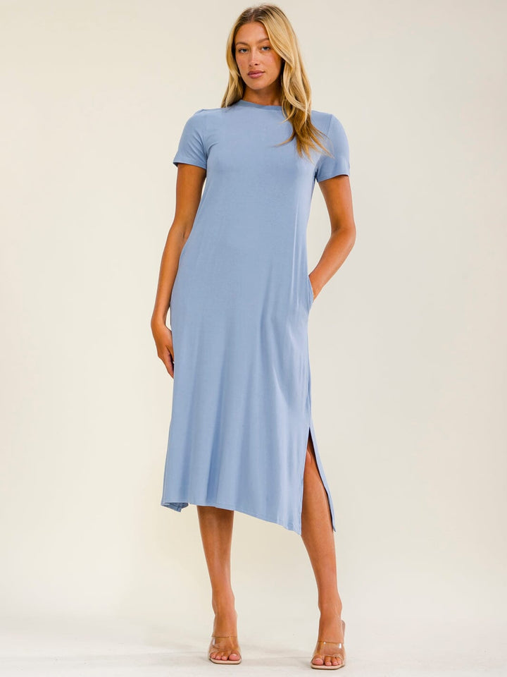 WOMEN'S SHORT SLEEVE FRONT POCKETS SIDE SLIT TUNIC MIDI DRESS