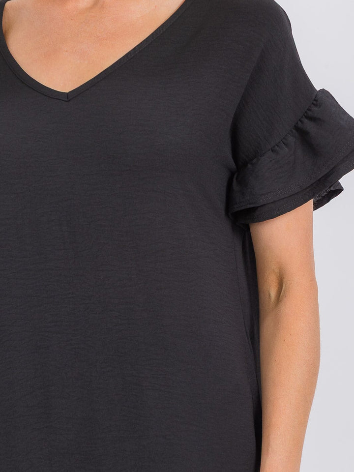 WOMEN'S SHORT SLEEVE V-NECK RUFFLE BOTTOM HEM LOOSE FIT MAXI DRESS