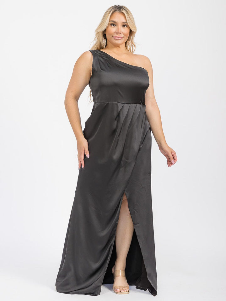 PUS SIZE SLEEVELESS ONE SHOULDER SURPLICE FRONT SLIT MAXI GOWN DRESS