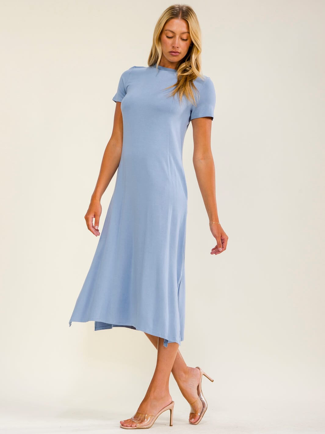 WOMEN'S SHORT SLEEVE FRONT POCKETS SIDE SLIT TUNIC MIDI DRESS