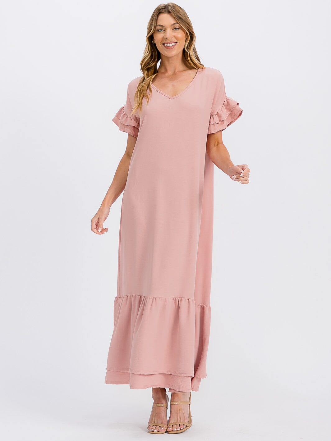 WOMEN'S SHORT SLEEVE V-NECK RUFFLE BOTTOM HEM LOOSE FIT MAXI DRESS