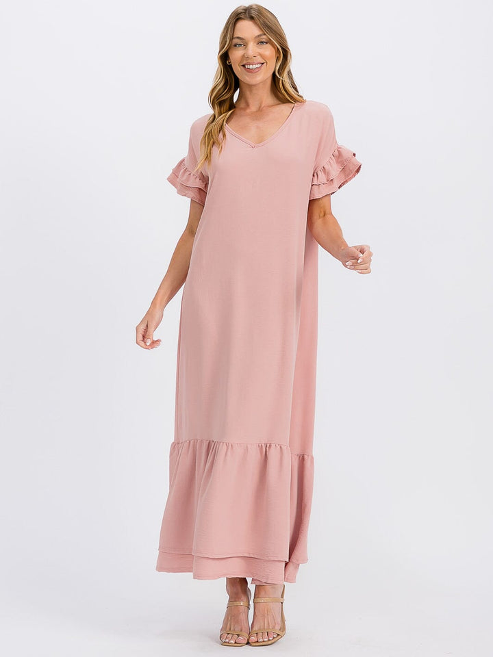 WOMEN'S SHORT SLEEVE V-NECK RUFFLE BOTTOM HEM LOOSE FIT MAXI DRESS