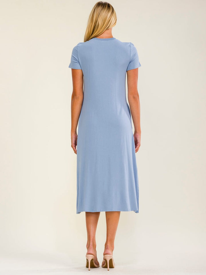 WOMEN'S SHORT SLEEVE FRONT POCKETS SIDE SLIT TUNIC MIDI DRESS