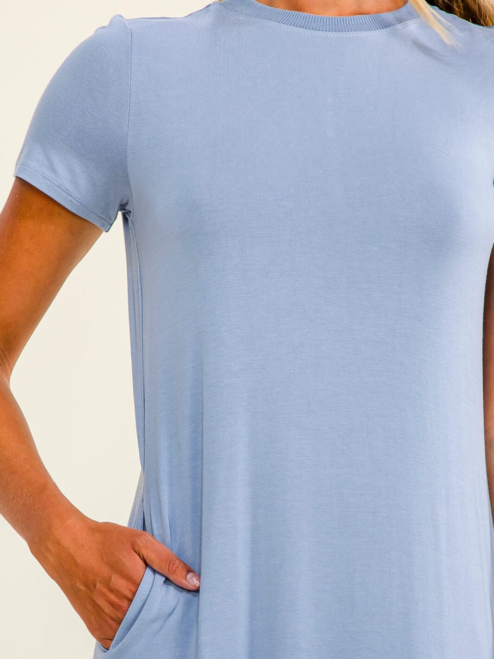 WOMEN'S SHORT SLEEVE FRONT POCKETS SIDE SLIT TUNIC MIDI DRESS