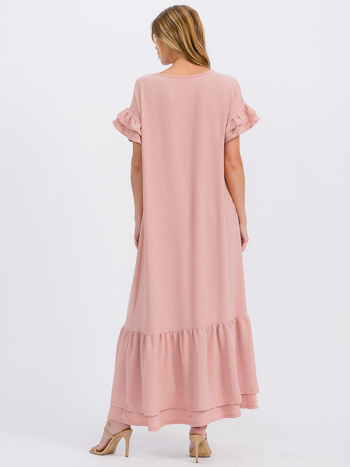 WOMEN'S SHORT SLEEVE V-NECK RUFFLE BOTTOM HEM LOOSE FIT MAXI DRESS