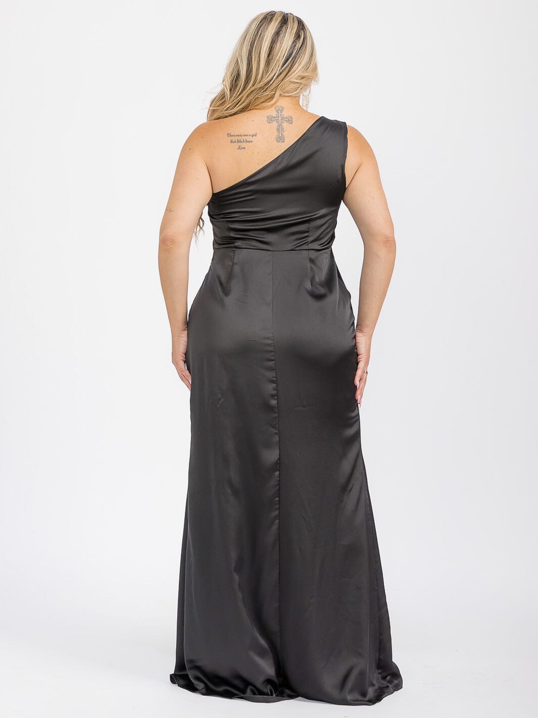 PUS SIZE SLEEVELESS ONE SHOULDER SURPLICE FRONT SLIT MAXI GOWN DRESS