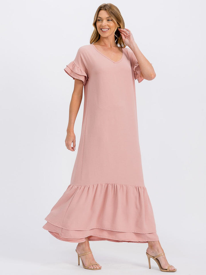 WOMEN'S SHORT SLEEVE V-NECK RUFFLE BOTTOM HEM LOOSE FIT MAXI DRESS