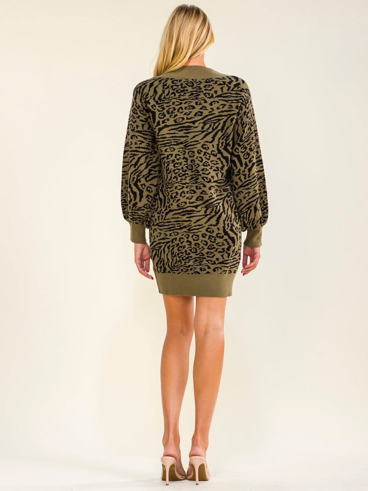 WOMEN'S LONG SLEEVE V-NECK ANIMAL PRINT SWEATER MINI DRESS