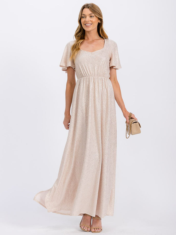 WOMEN'S SHORT SLEEVE ELASTIC WAIST SEQUINS MAXI DRESS