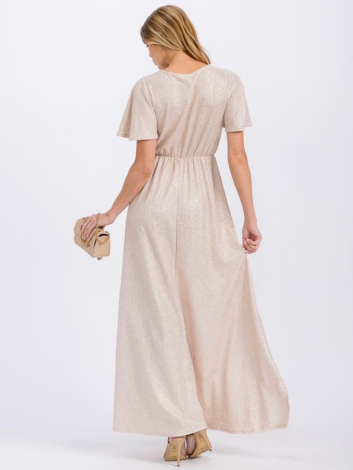 WOMEN'S SHORT SLEEVE ELASTIC WAIST SEQUINS MAXI DRESS