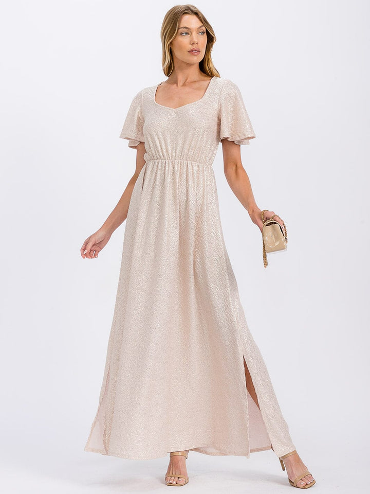 WOMEN'S SHORT SLEEVE ELASTIC WAIST SEQUINS MAXI DRESS