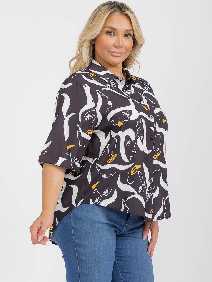 PLUS SIZE SHORT SLEEVE BUTTON UP GRAPHIC HIGH-LOW BLOUSE