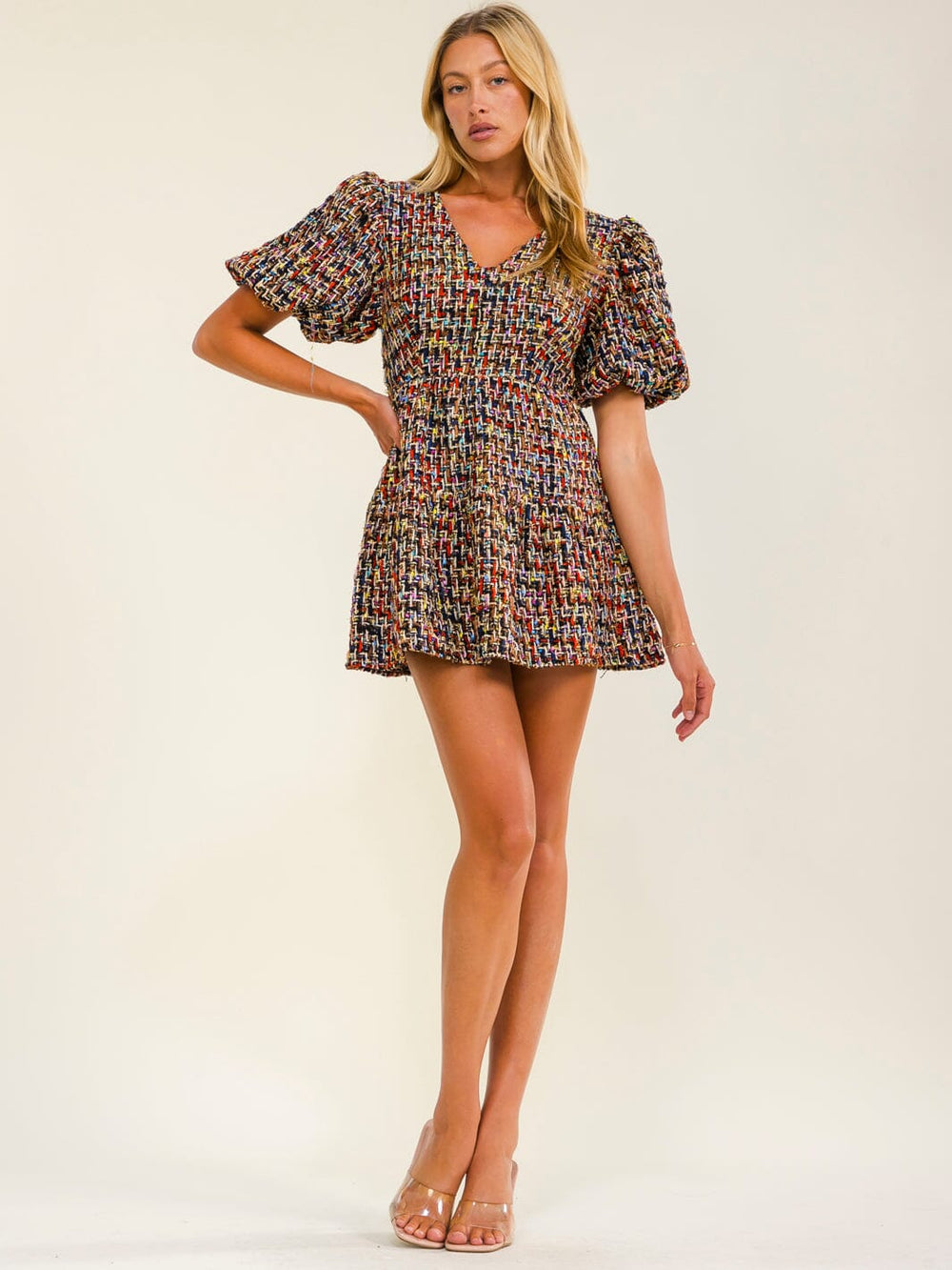 WOMEN'S SHORT SLEEVE V-NECK FIT & FLARE TWEED MINI DRESS