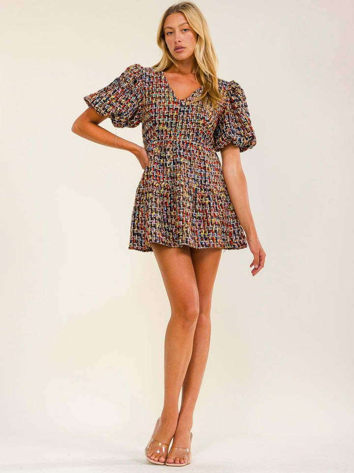 WOMEN'S SHORT SLEEVE V-NECK FIT & FLARE TWEED MINI DRESS