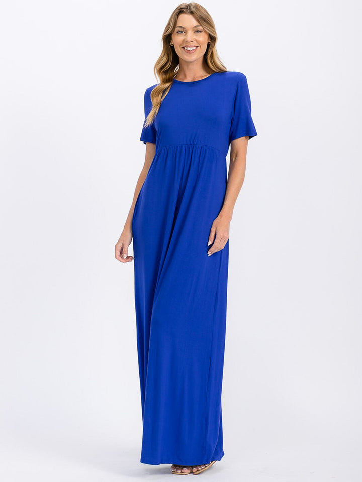 WOMEN'S SHORT SLEEVE ELASTIC WAIST FRONT POCKETS MAXI DRESS