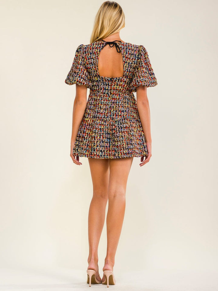 WOMEN'S SHORT SLEEVE V-NECK FIT & FLARE TWEED MINI DRESS