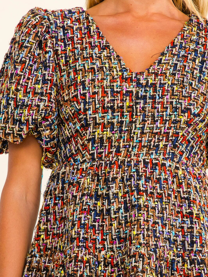 WOMEN'S SHORT SLEEVE V-NECK FIT & FLARE TWEED MINI DRESS