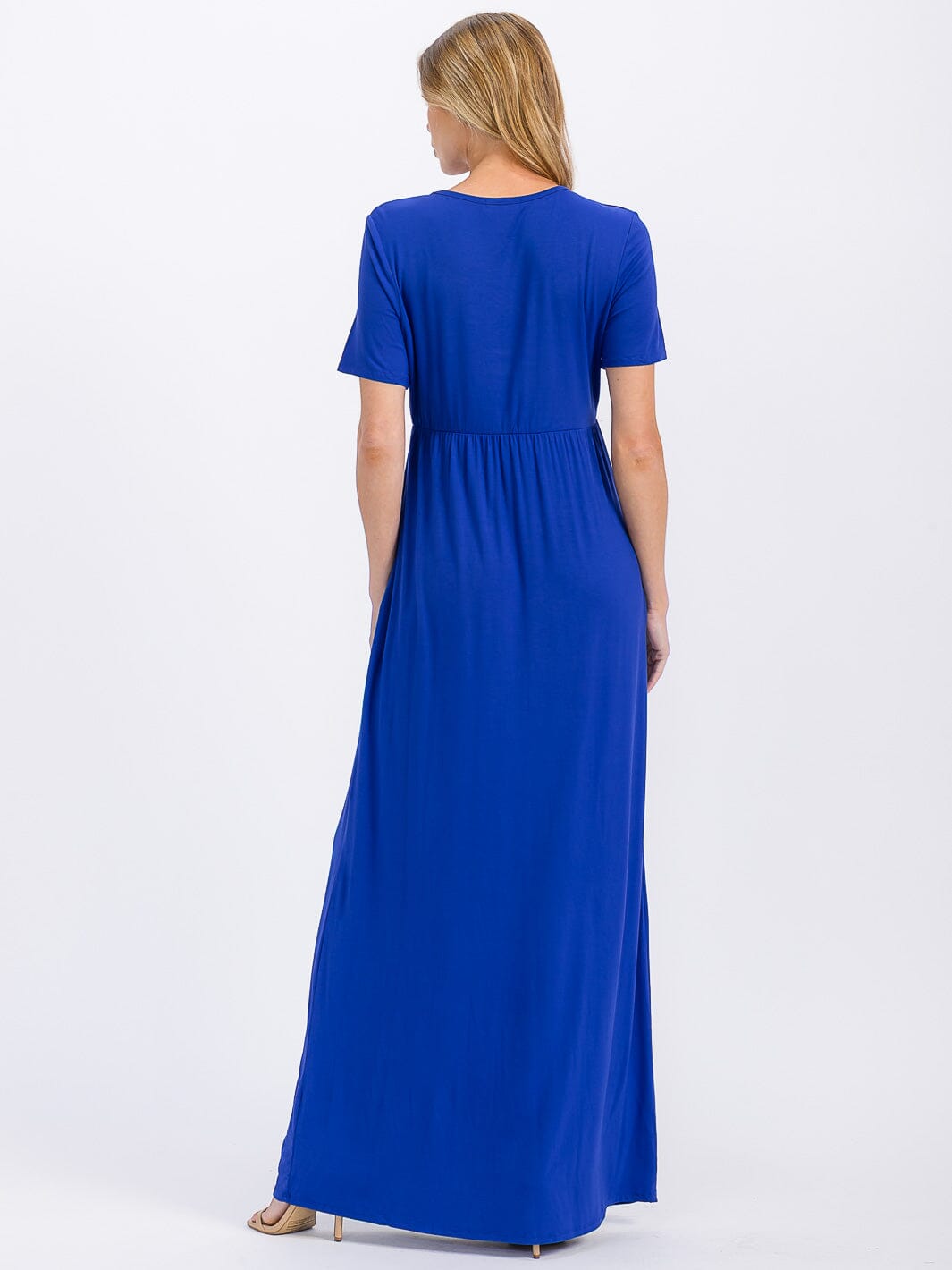 WOMEN'S SHORT SLEEVE ELASTIC WAIST FRONT POCKETS MAXI DRESS