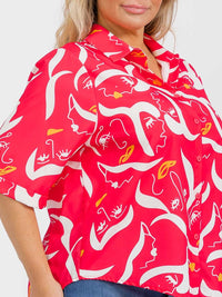PLUS SIZE SHORT SLEEVE BUTTON UP GRAPHIC HIGH-LOW BLOUSE