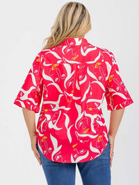 PLUS SIZE SHORT SLEEVE BUTTON UP GRAPHIC HIGH-LOW BLOUSE
