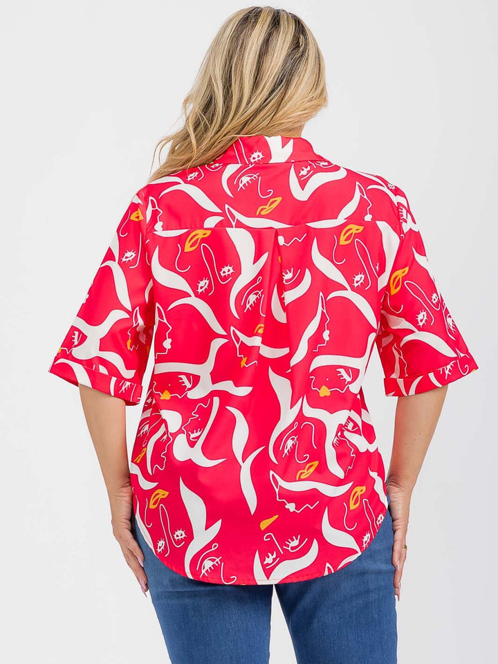 PLUS SIZE SHORT SLEEVE BUTTON UP GRAPHIC HIGH-LOW BLOUSE