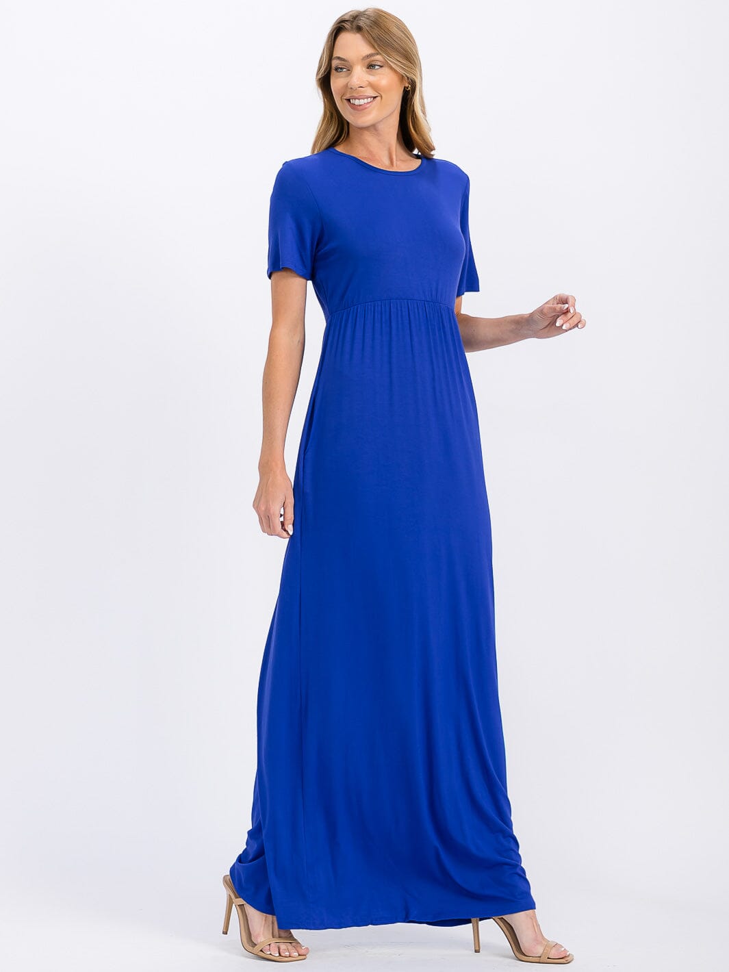 WOMEN'S SHORT SLEEVE ELASTIC WAIST FRONT POCKETS MAXI DRESS