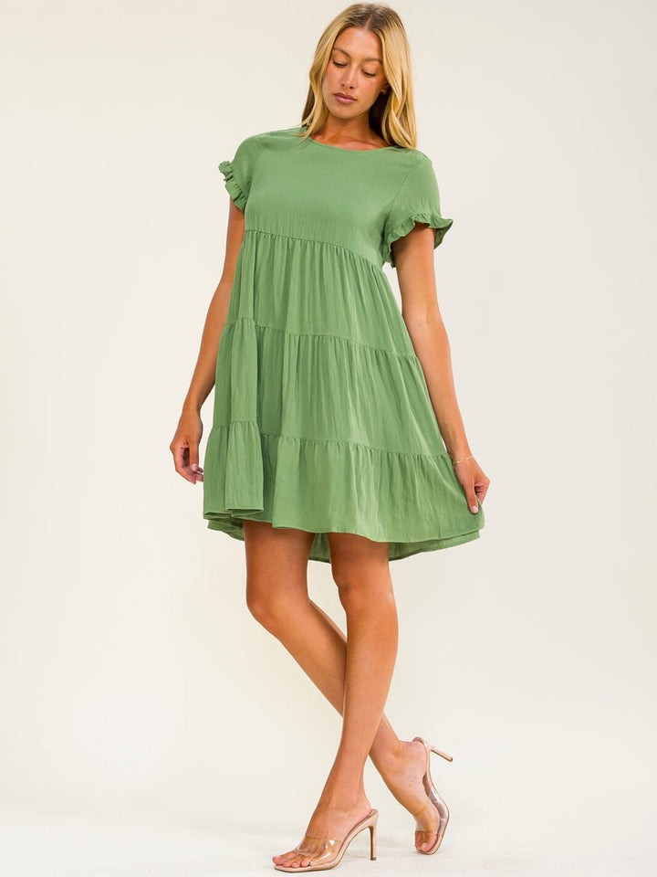 WOMEN'S SHORT SLEEVE FRONT POCKETS TIERED TUNIC MINI DRESS