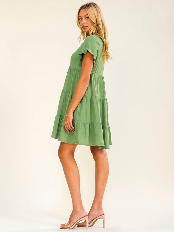 WOMEN'S SHORT SLEEVE FRONT POCKETS TIERED TUNIC MINI DRESS