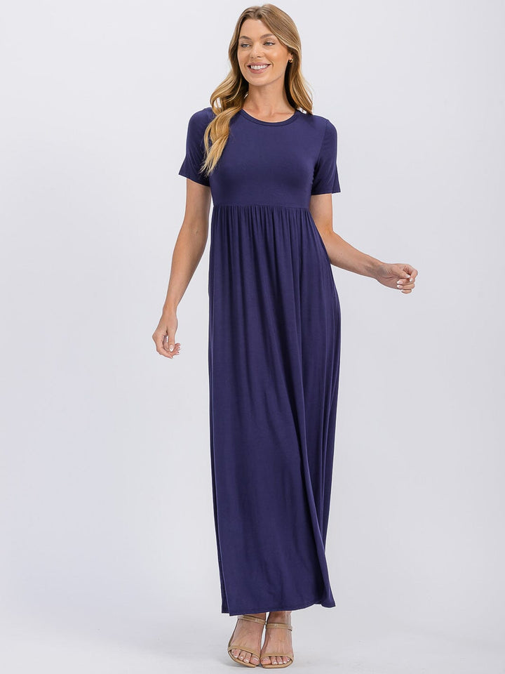 WOMEN'S SHORT SLEEVE ELASTIC WAIST FRONT POCKETS MAXI DRESS
