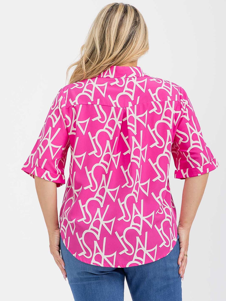 PLUS SIZE SHORT SLEEVE BUTTON UP GRAPHIC HIGH-LOW BLOUSE