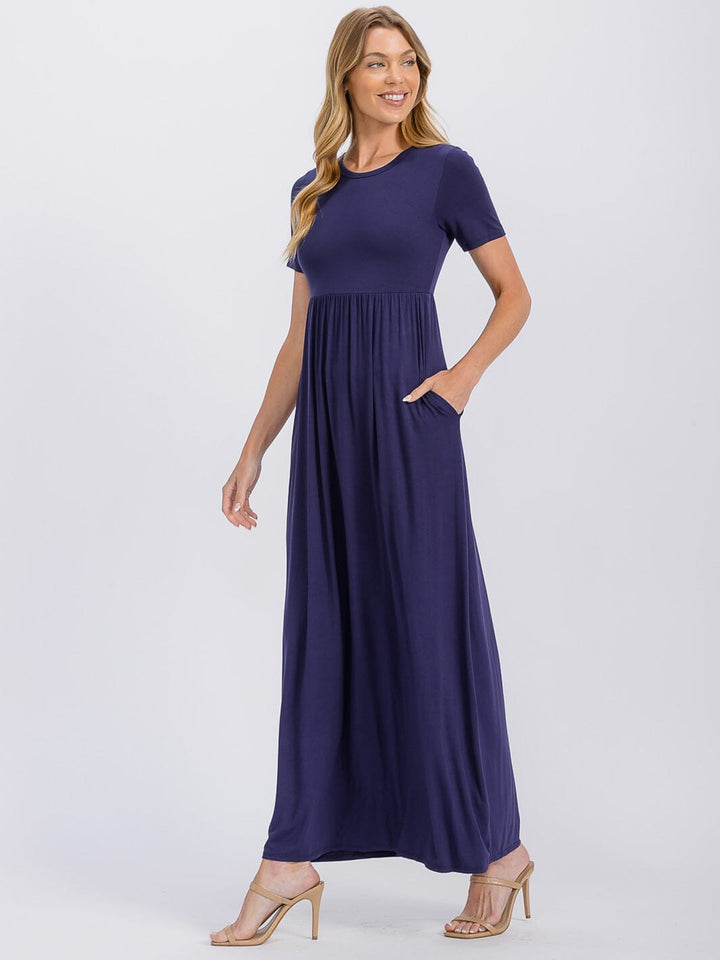 WOMEN'S SHORT SLEEVE ELASTIC WAIST FRONT POCKETS MAXI DRESS