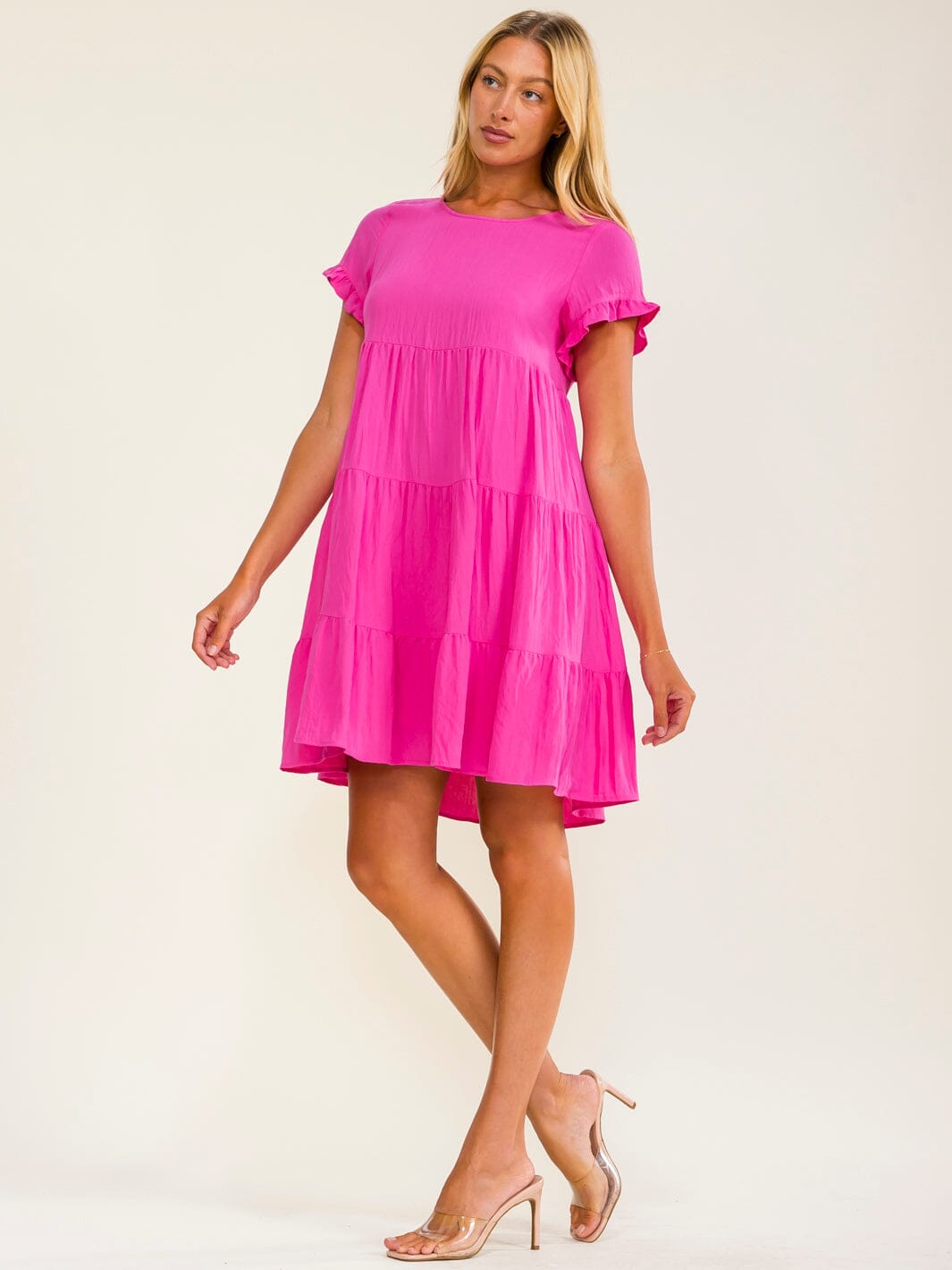 WOMEN'S SHORT SLEEVE FRONT POCKETS TIERED TUNIC MINI DRESS