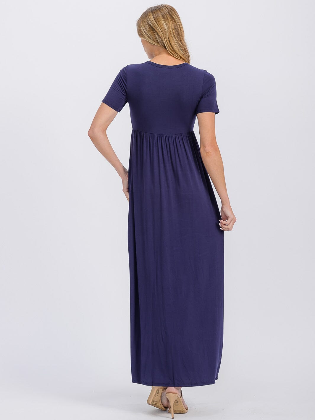 WOMEN'S SHORT SLEEVE ELASTIC WAIST FRONT POCKETS MAXI DRESS