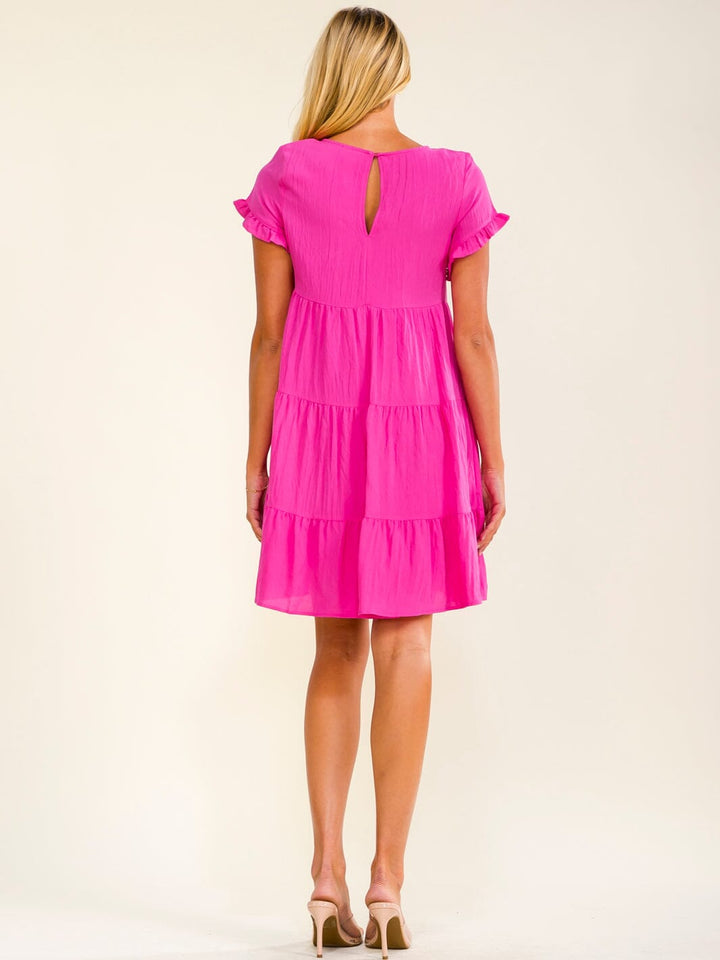WOMEN'S SHORT SLEEVE FRONT POCKETS TIERED TUNIC MINI DRESS