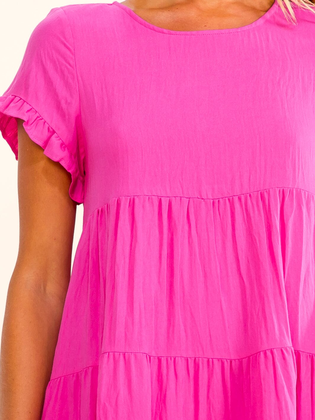 WOMEN'S SHORT SLEEVE FRONT POCKETS TIERED TUNIC MINI DRESS