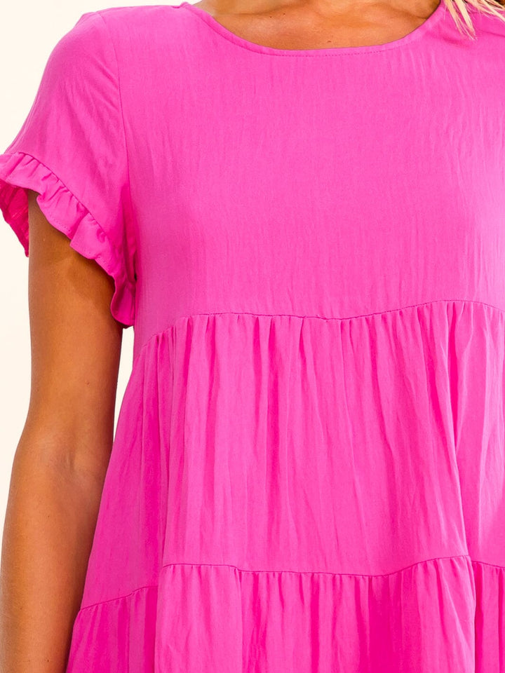 WOMEN'S SHORT SLEEVE FRONT POCKETS TIERED TUNIC MINI DRESS