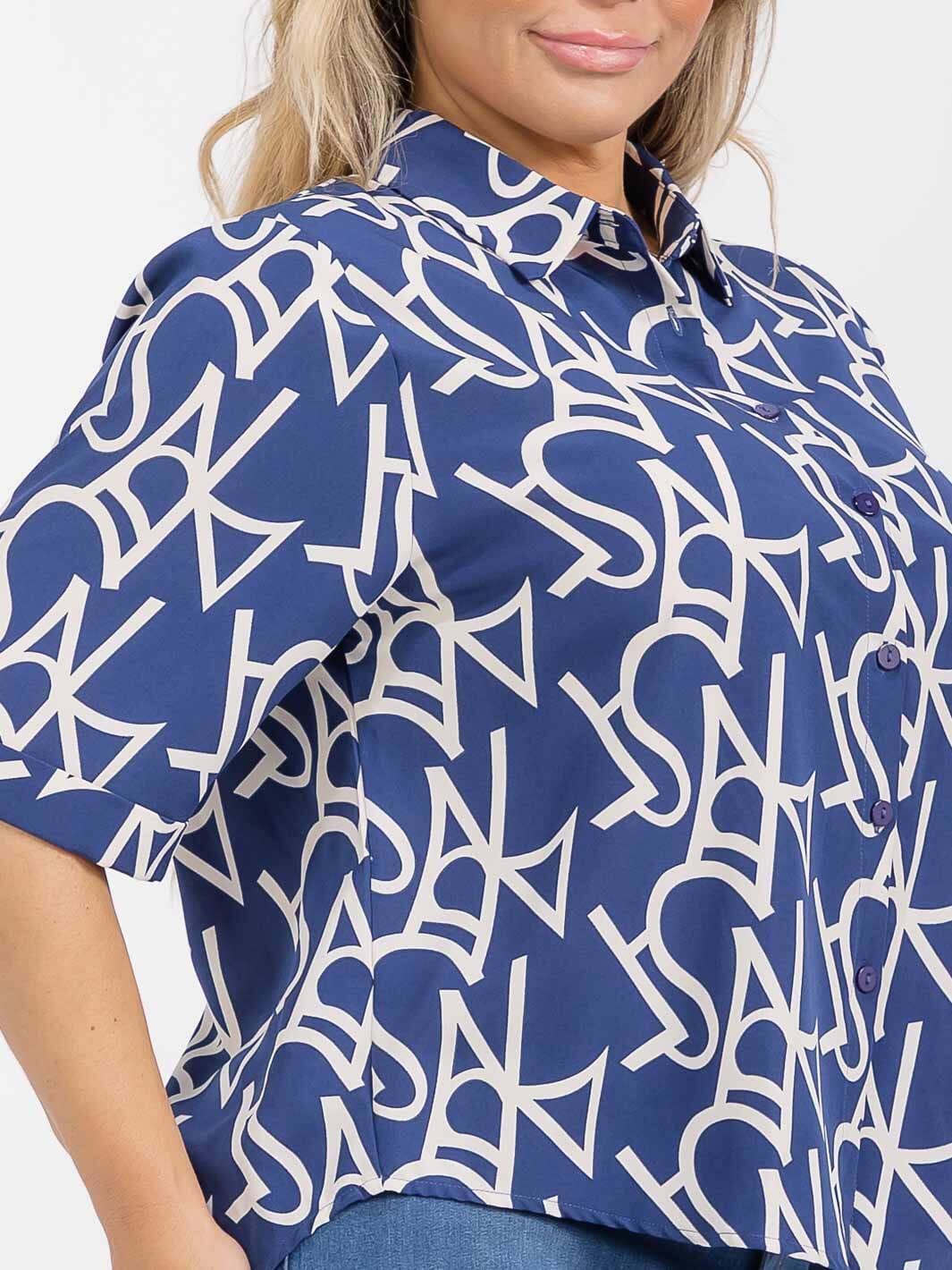 PLUS SIZE SHORT SLEEVE BUTTON UP GRAPHIC HIGH-LOW BLOUSE