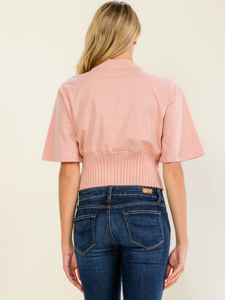 WOMEN'S SHORT SLEEVE STUDS NECKLINE CROP TOP