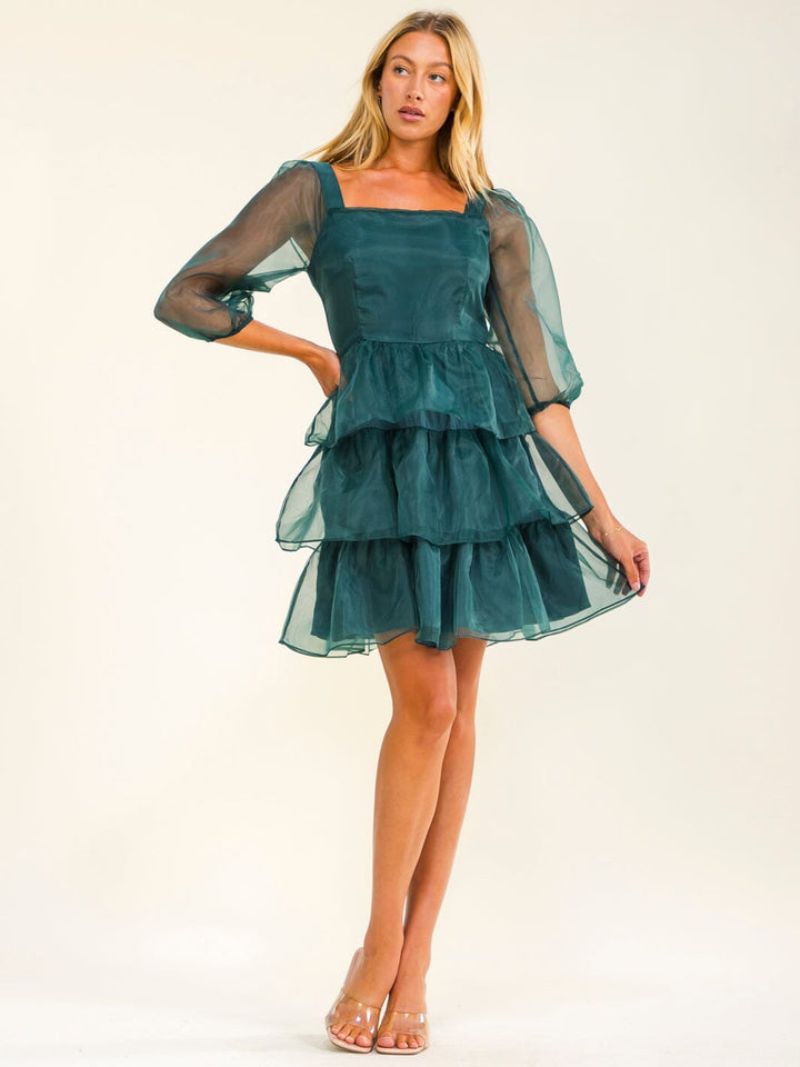 WOMEN'S 3/4 SLEEVE SQUARE NECK TIERED RUFFLE FIT & FLARE MINI DRESS
