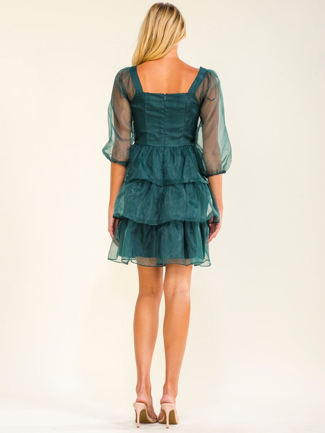 WOMEN'S 3/4 SLEEVE SQUARE NECK TIERED RUFFLE FIT & FLARE MINI DRESS