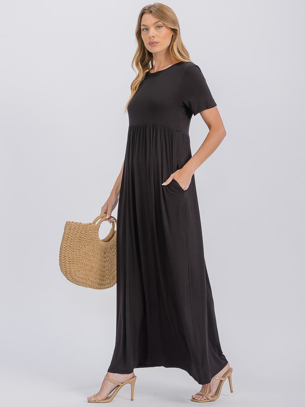 WOMEN'S SHORT SLEEVE ELASTIC WAIST FRONT POCKETS MAXI DRESS