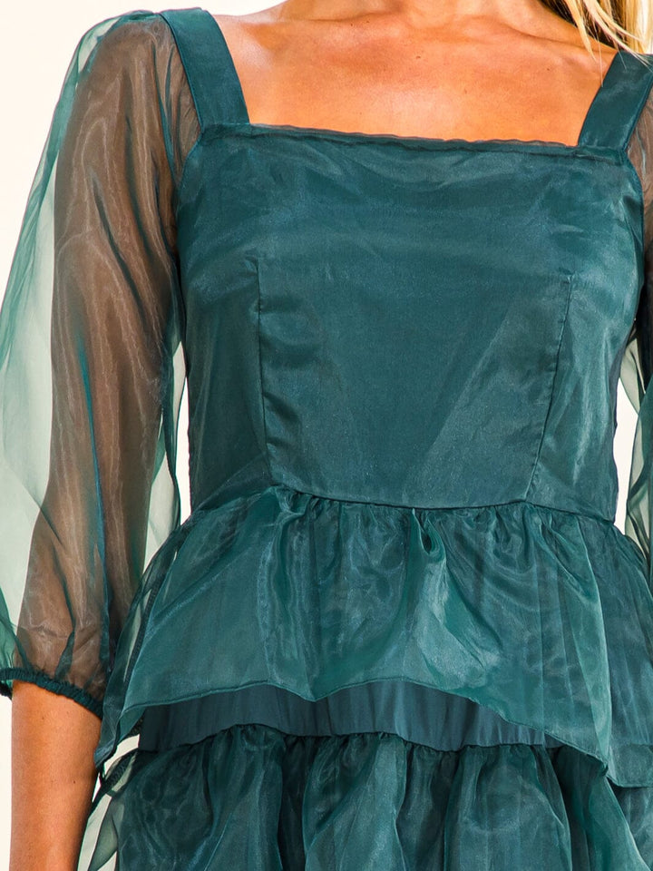 WOMEN'S 3/4 SLEEVE SQUARE NECK TIERED RUFFLE FIT & FLARE MINI DRESS