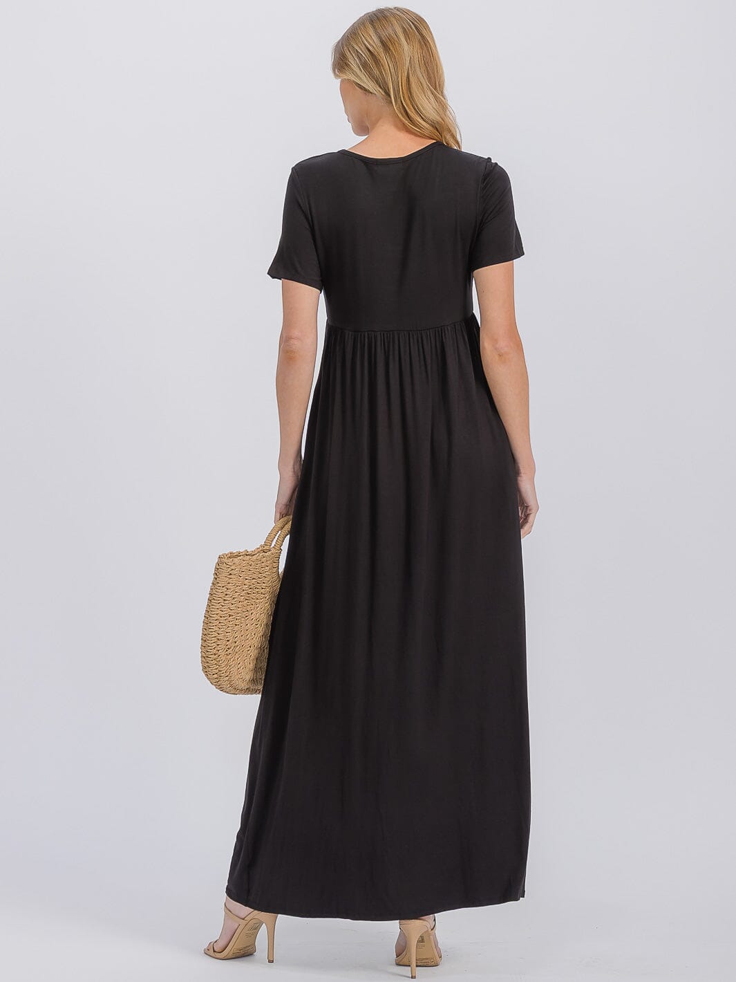 WOMEN'S SHORT SLEEVE ELASTIC WAIST FRONT POCKETS MAXI DRESS