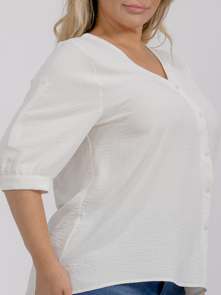 PLUS SIZE SHORT SLEEVE V-NECK BUTTONS DETAILED HIGH-LOW BLOUSE