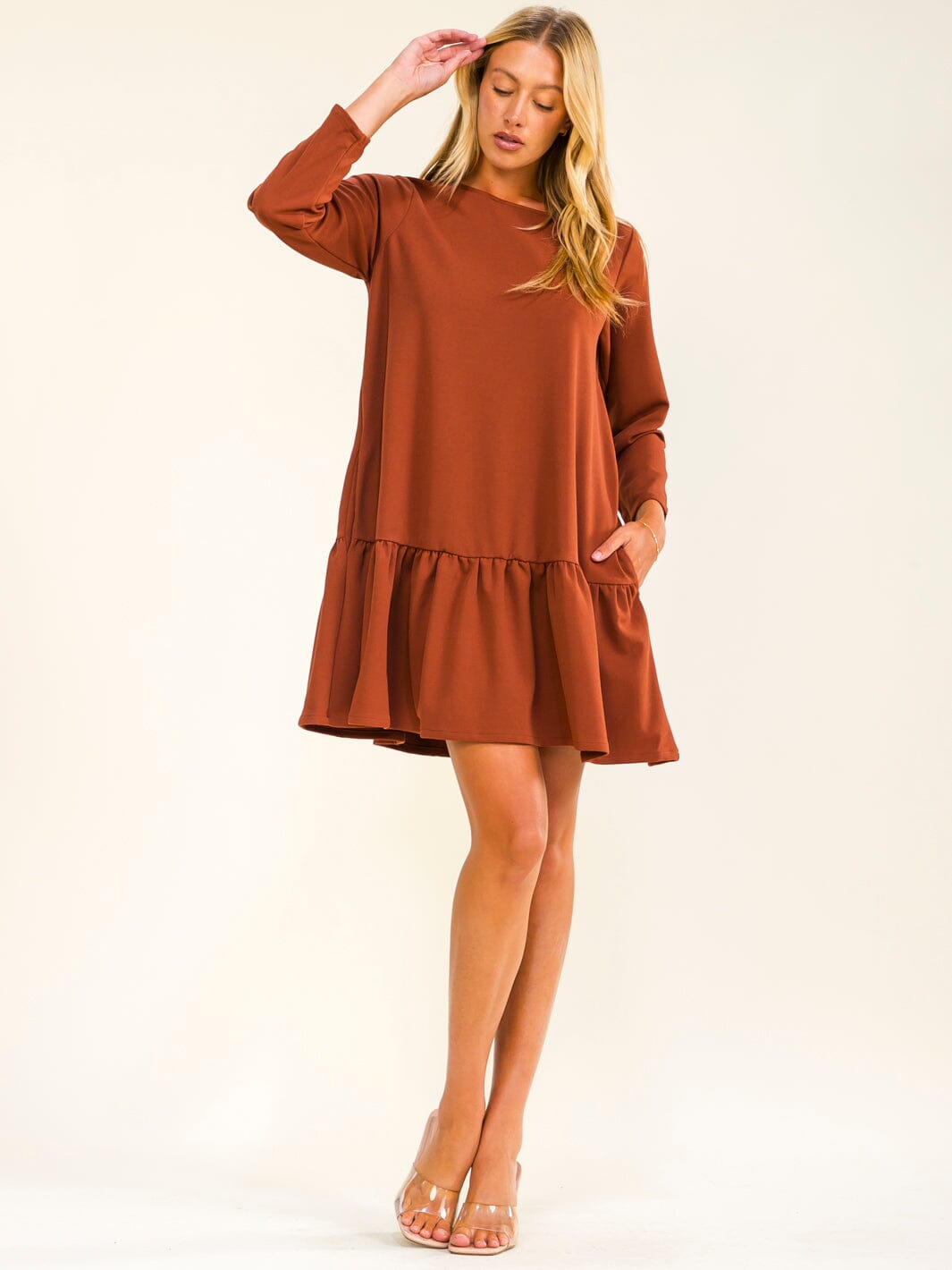 WOMEN'S 3/4 SLEEVE FRONT POCKETS TUNIC LOOSE FIT MINI DRESS