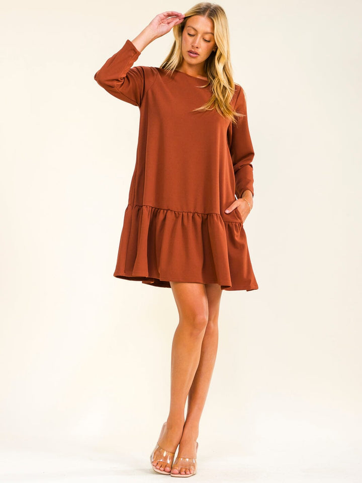 WOMEN'S 3/4 SLEEVE FRONT POCKETS TUNIC LOOSE FIT MINI DRESS