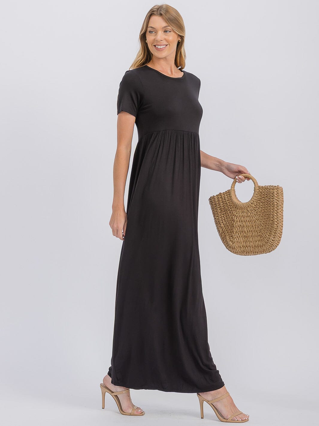 WOMEN'S SHORT SLEEVE ELASTIC WAIST FRONT POCKETS MAXI DRESS